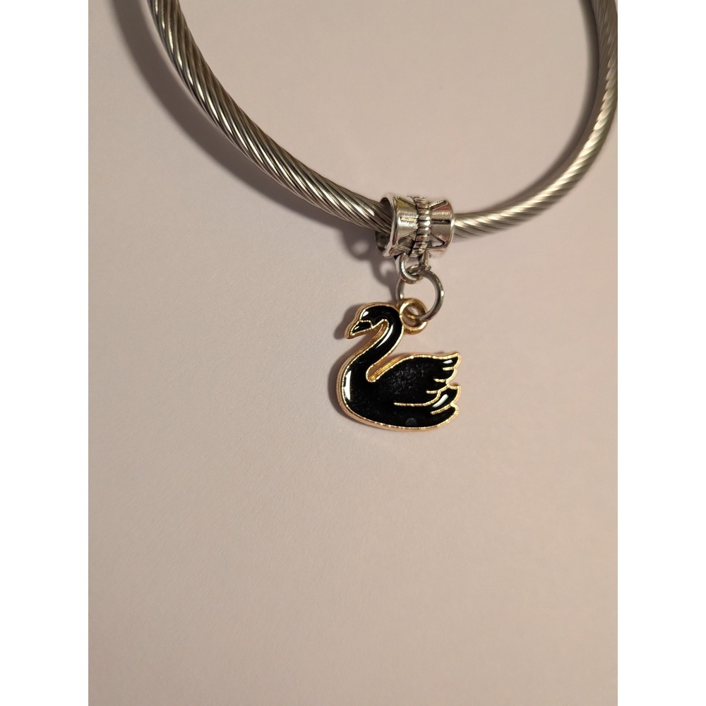 Black Enamel Swan Charm Gold Tone Dangle Pendant for Bracelet or Necklace